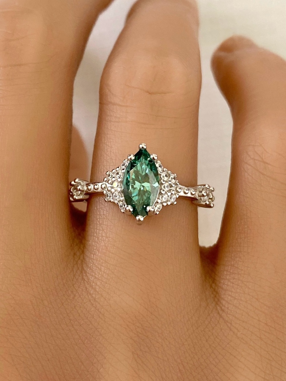 Green Marquise Moissanite Diamond Sterling Silver Band Round CZ Women’s Ring